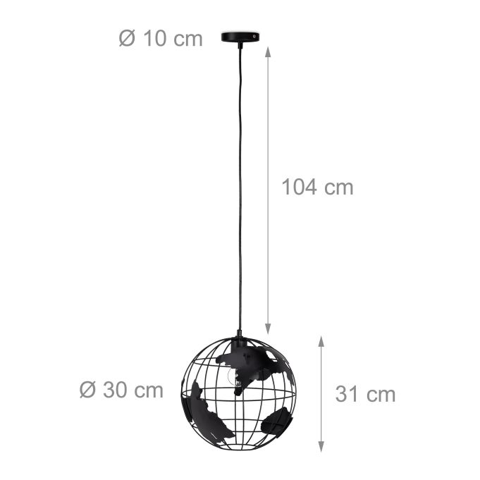 Relaxdays wereldbol hanglamp - Ø 30 cm - In hoogte verstelbaar - Zwart