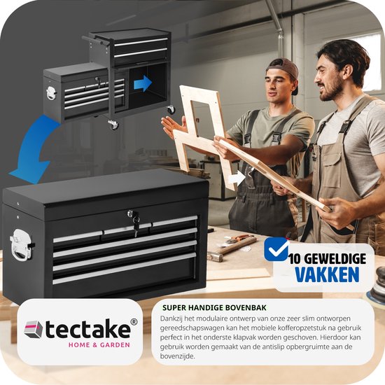 tectake® Werkplaatswagen met Kofferbevestiging - Afsluitbare Gereedschapswagen met 10 Vakken - Mobiele Werkbank van Staal - Wielen met Rem - Lege Gereedschapswagen, Gereedschapskast - Zwart