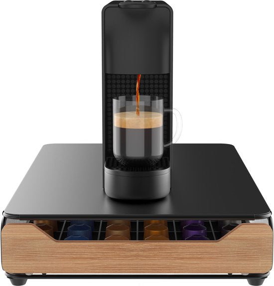 KitchenLove Capsulehouder – Met Lade – 60 Cups – 41,5 x 26,5 x 8 cm – Zwart/Hout