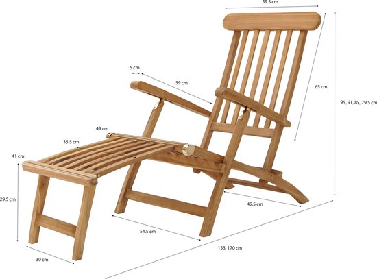 AXI Costa Deckchair Ligstoel Teak – Houten ligbed – Rugleuning met 4 standen - 170x59cm
