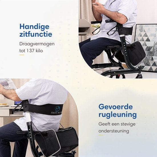 SafeLife Rollator – Verstelbaar, Opvouwbaar & Met Zitfunctie – 137 kg draagvermogen – 70 x 61 x 95 cm – Zwart