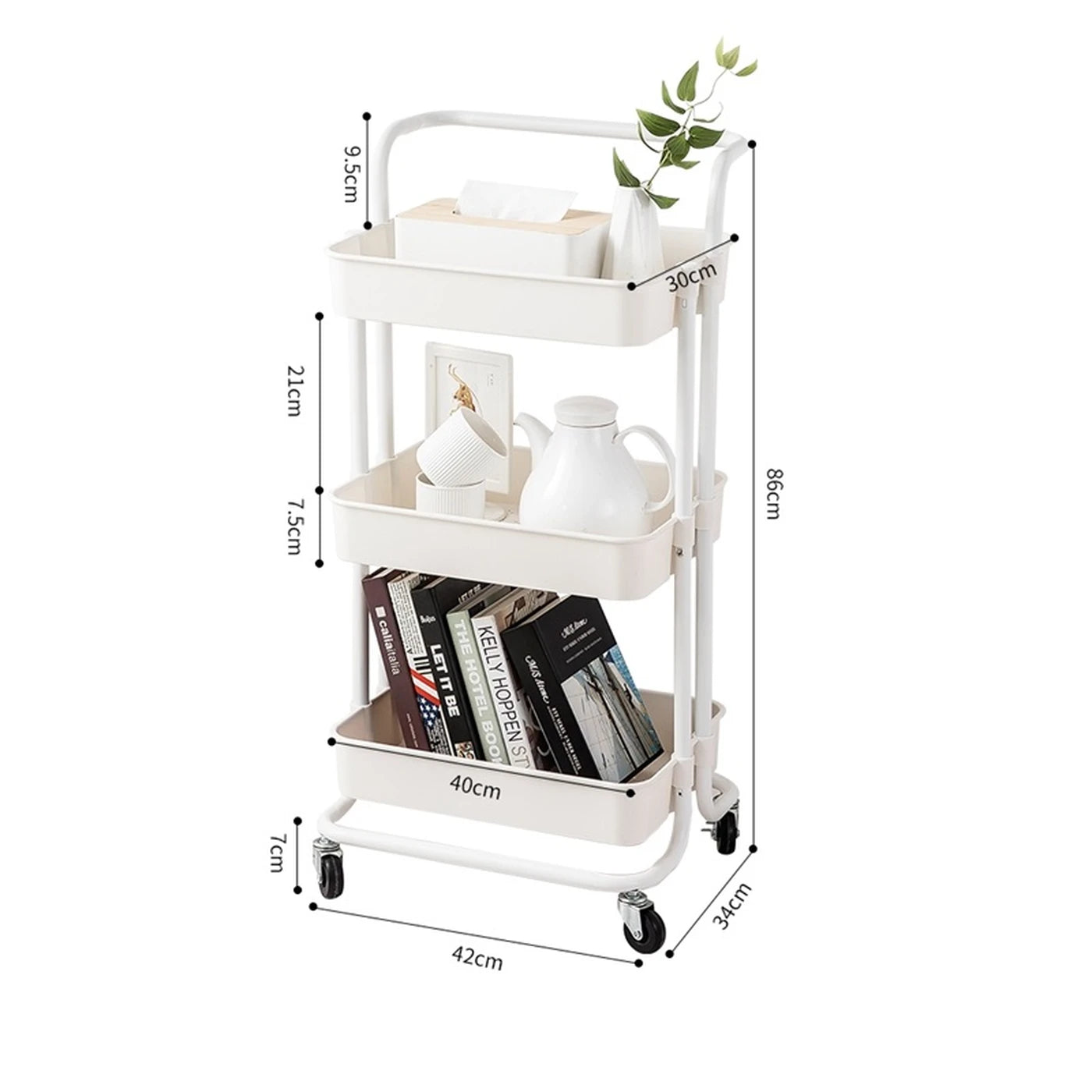 Maxcook Opbergtrolley MCWA982 - Wit - 3 Etages - Staal met Poedercoating - 360° Geluidsarme Zwenkwielen