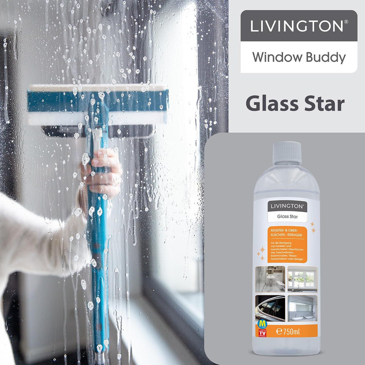 Livington GlassStar Glas- en Oppervlaktereiniger 2 x 750 ml - Voor de Livington Window Buddy - Streeploos Schoon - Geurloos