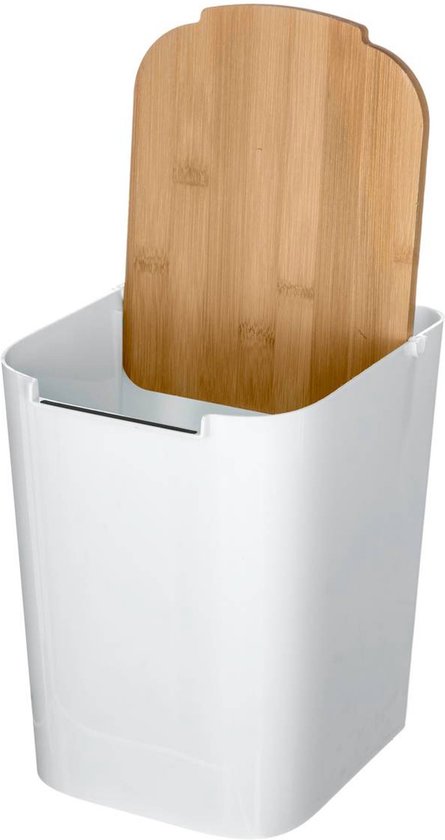 5Five prullenbak/vuilnisbak - 5 liter - bamboe - wit/lichtbruin - 24 x 19 cm - badkamer afvalbak