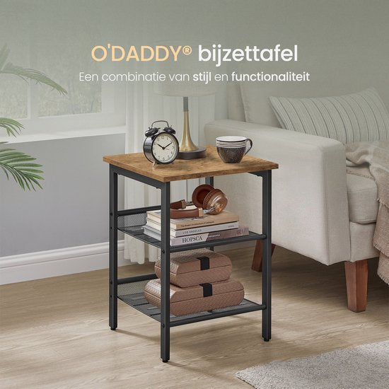 O'DADDY® Bijzettafel Vierkant - Bijzettafels - Nachtkastje - Bijzet tafel - Bijzettafeltje - Kleine Banktafel - Salontafels - Laptoptafel - Koffietafel Industrieel - Tafeltje - Verstelbare Roosterplanken - 40x40x55 cm - Vintage Bruin/Zwart