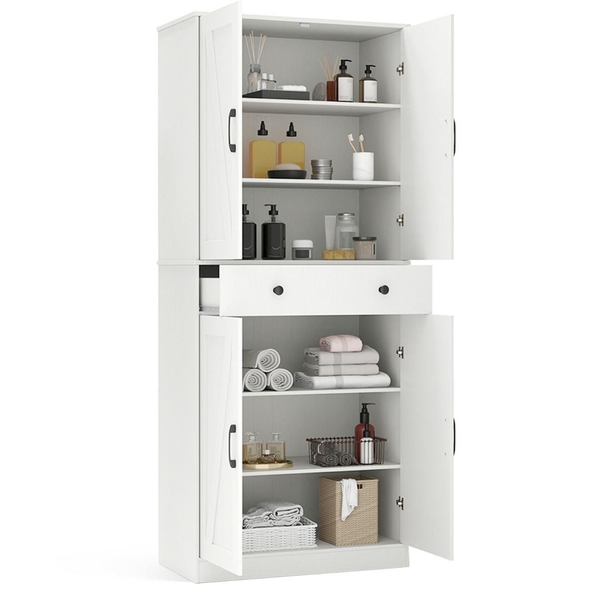 Coast Keukenkast 77x39x183 cm Wit – Moderne Boerderijstijl Kast met 4 Schuurdeuren, 3 Verstelbare Planken, Lade en Anti-Kantelsets