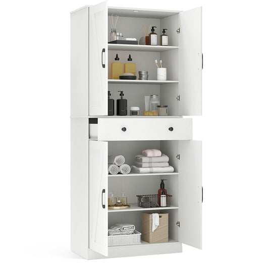 Coast Keukenkast 77x39x183 cm Wit – Moderne Boerderijstijl Kast met 4 Schuurdeuren, 3 Verstelbare Planken, Lade en Anti-Kantelsets