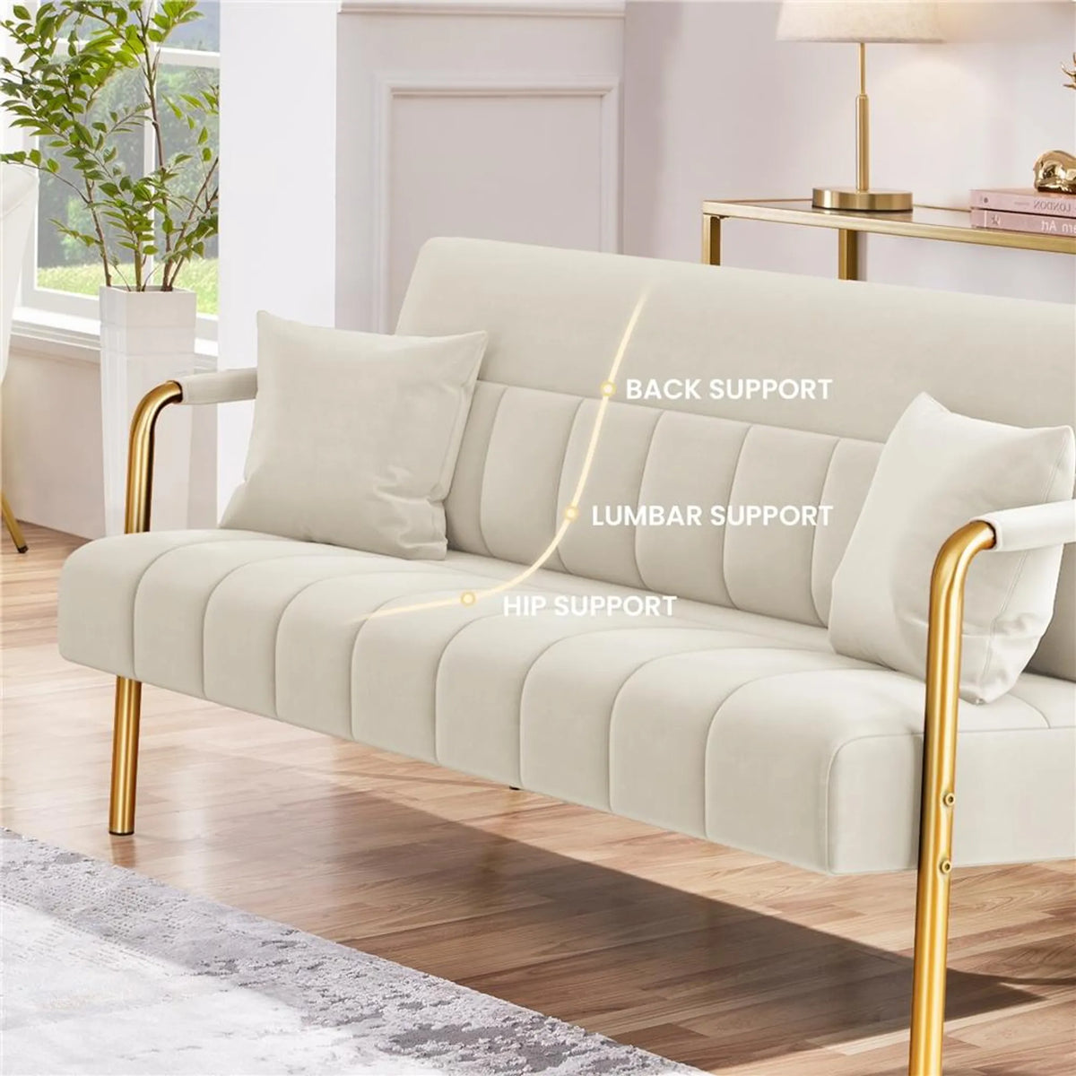 2-zits Gestoffeerde Bank met Armleuningen en Metalen Poten Beige 143,5 × 71,5 × 75,5 cm