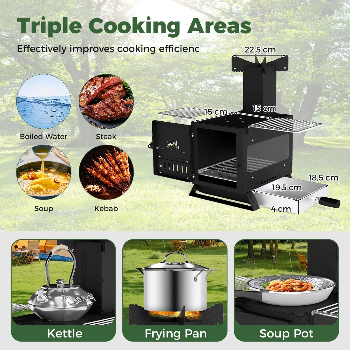 Coast Campingoven - houtgestookte buitenoven - met ovenpan en 2 grillroosters - zwart 54 x 36 x 44 cm