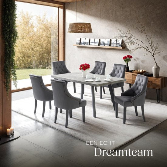 tectake 2 Eetkamerstoelen Set – Fluweellook & Armleuningen – Draagvermogen 120 kg – 52 x 57 x 91 cm – Donkergrijs/Zwart
