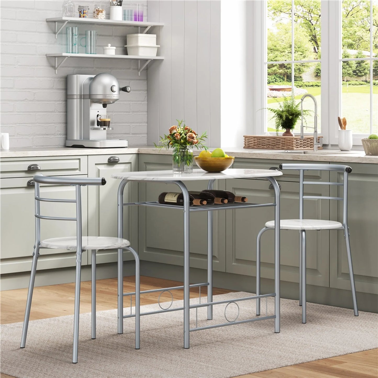 Yaheetech Eethoek 3-Delig – Voorzien Van Opbergvak Onder Het Tafelblad En Twee Stoelen Met Rugleuning En Ruimtebesparend Ontwerp – Voor Keuken En Balkon – Wit Mdf En Metaal – 90 x 53 x 75,5 cm