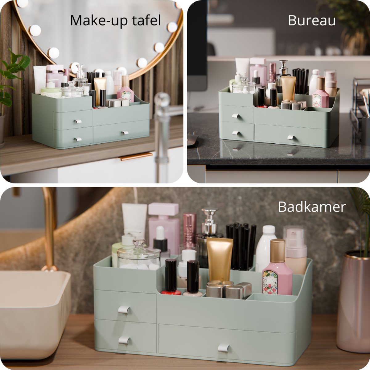 Organess Make-up Organizer 2024 – Groen Acryl – 3 Lades & 2 Vakken – Skincare Opbergdoos