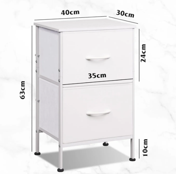 WLIVE Nachtkastje 2 Stoffen Lades - Wit - Metalen Frame - 39,8 x 29,8 x 63,1 cm
