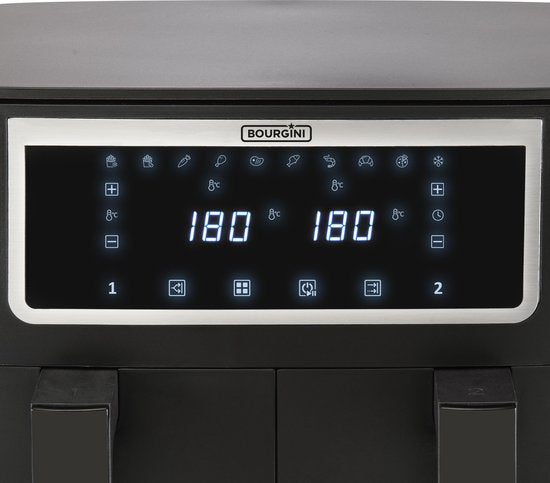 Bourgini Duo Heteluchtfriteuse 2 x 4.0L - PFAS vrij - Airfryer XXL - 2 laden met synchronisatie functie - Touchscreen - 8L - 2600W - Zwart