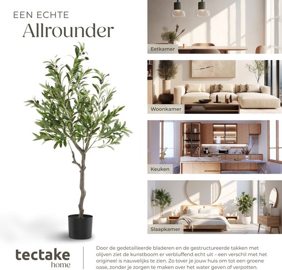 tectake® Kunstmatige Olijfboom Oleand – Mediterrane Kunstplant met Realistische Bladeren en Olijven – Onderhoudsvriendelijk en Veelzijdig – Inclusief Stevige Bloempot – Hoogte: 120 cm
