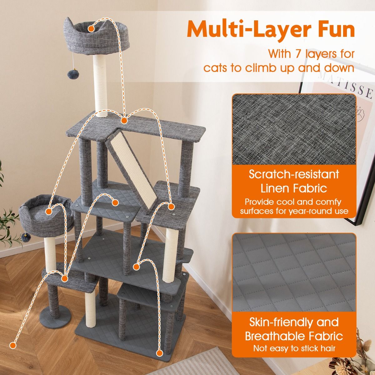 Coast Krabpaal Kattenboom - 2 kattenhuisjes - speelplatforms en kattenbed - grijs - 180 cm