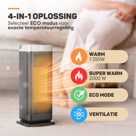 Vulpes Goods® Tech - Elektrische Kachel - Ventilatorkachel - Keramische Kachel - 4 Standen - 2000W - Timer, Afstandsbediening & Thermostaat - Heater - Elektrische Verwarming voor Binnen - Zwart