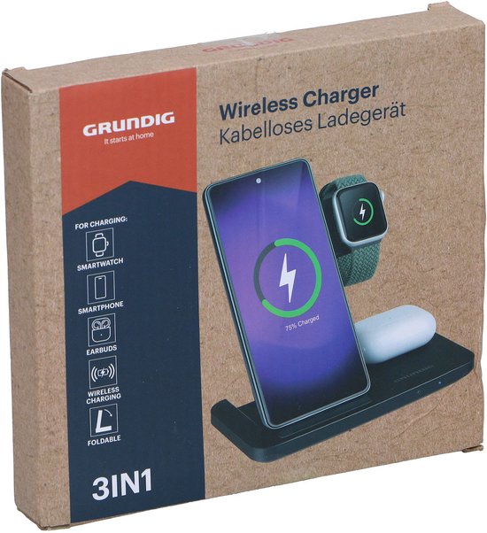 Grundig 3-in-1 Draadloze Oplader – Snellader Oplaadstation voor Smartphone, Smartwatch, Oortjes - Draadloze Oplader iPhone en Samsung - Wireless Charger – Opvouwbaar Design