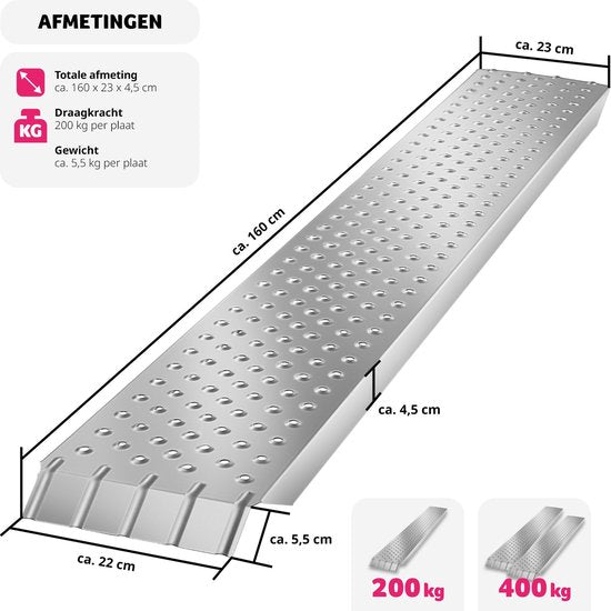 tectake® 2x Oprijplaten - Set van 2 Stalen Oprijplaten met Draagvermogen tot 400 kg - Antislip en Geperforeerd - Oprijplaat voor Auto, Aanhanger, Motorfiets, Zitmaaier, Rolstoel, Fiets (160 cm)
