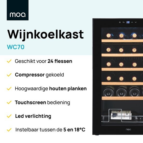MOA Wijnkoelkast – Met Houten Planken & Touchscreen – 63 liter – 43 x 45 x 78 cm – Zwart
