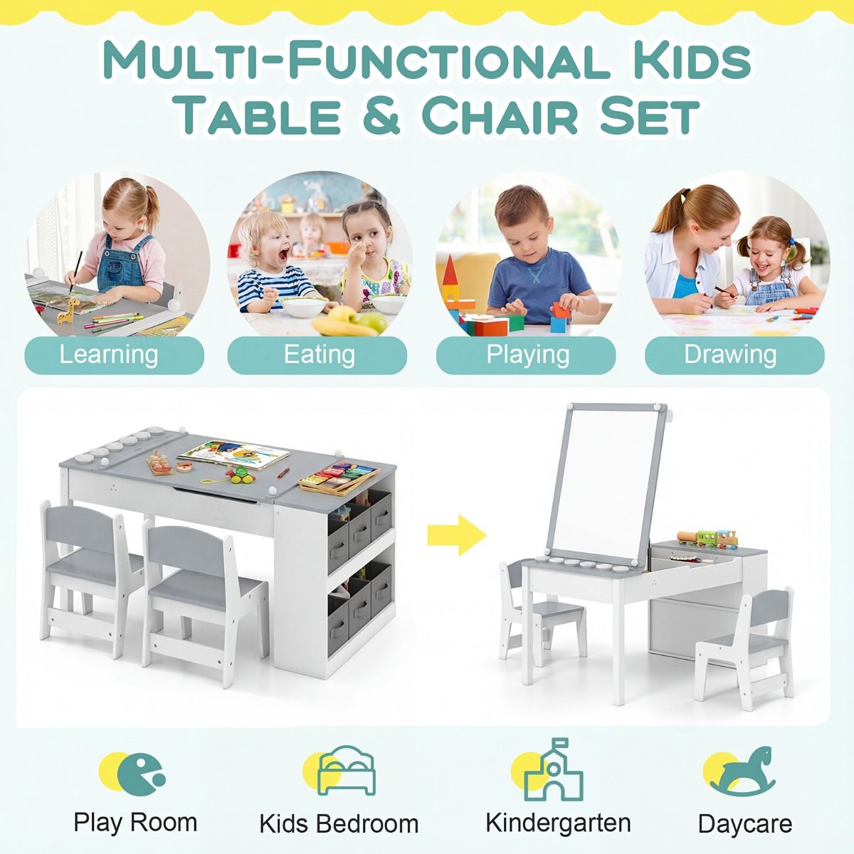 Coast Kindertafel en Stoelenset - 2-in-1 tekentafel met opbergruimte en papierrol - grijs