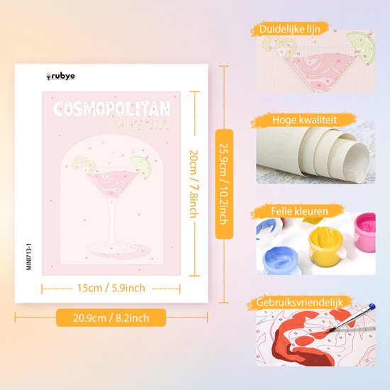 Rubye® Schilderen Op Nummer Volwassenen – Gin Tonic - Cocktails – Inclusief Verf en Penselen – Canvas Schildersdoek - Kleuren op Nummer - Dubbele Set - 15x20cm