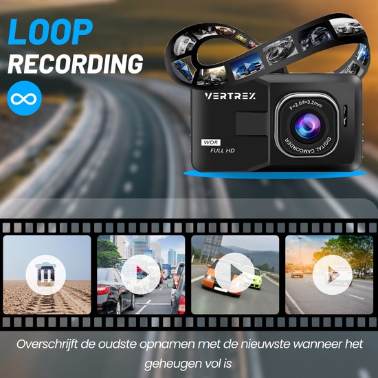 VERTREX Dashcam voor Auto 1080P Full HD - Voor en Achter - Dash cams - Nachtvisie - G-Sensor - 170° Wijdhoeklens - 3,0" LCD - Bewegingsdetectie - Loop Recording - Incl. 32GB MicroSD Kaart