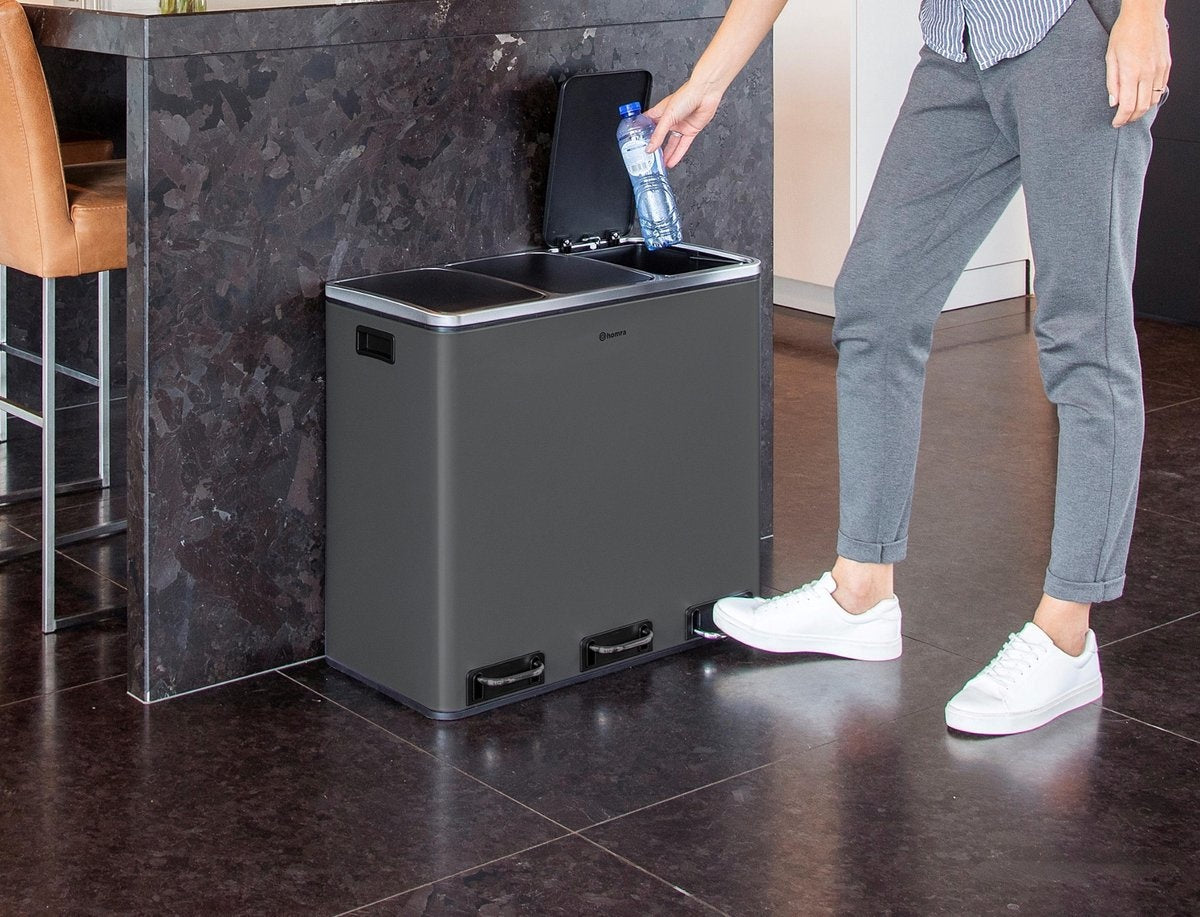 Homra Afvalscheidingsprullenbak – 3 Vakken van 18L – 61,5 x 34,8 x 56,5 cm – Grijs