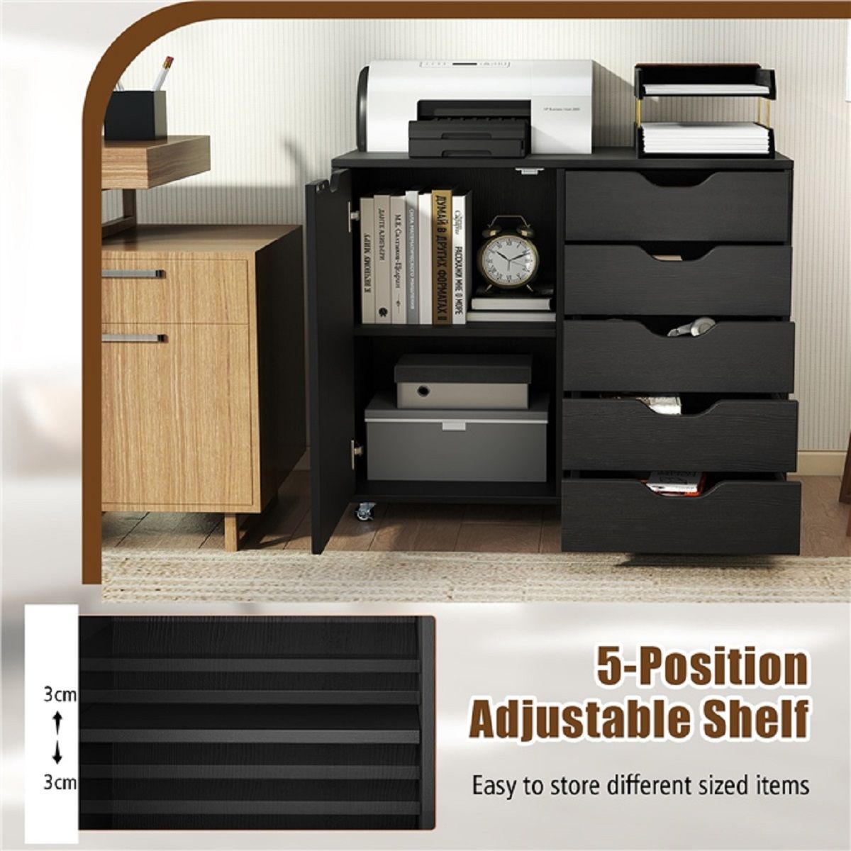 Coast Rollcontainer met 5 lades - deur en werkblad - met wielen - zwart - 79 x 39 x 65 cm