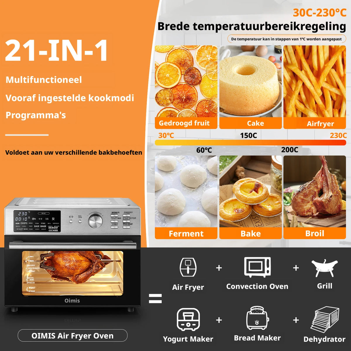 Oimis Airfryer Oven 30 Liter - 21 Programma's met Grillspit en Droogfunctie - 1800 W - 45,6 x 43 x 36,5 cm - RVS Zilver