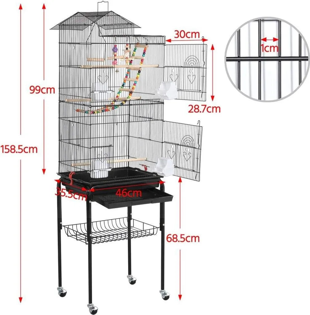 Yaheetech Vogelkooi XL - Met Standaard/Wielen - 46 x 35,5 x 158,5 cm - Zwart