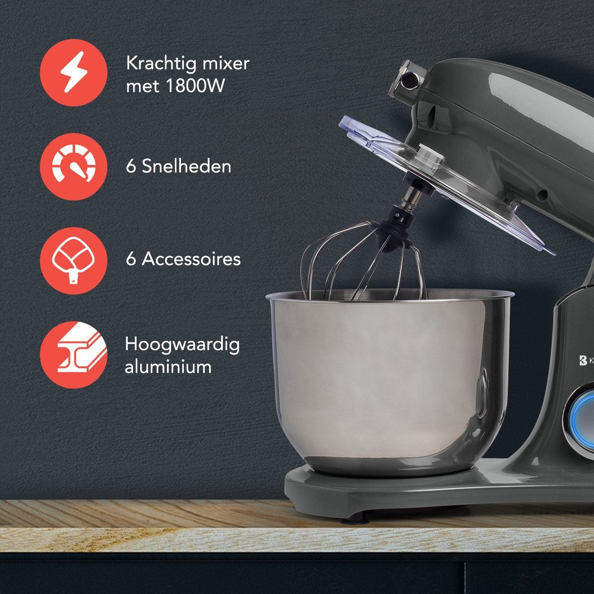 KitchenBrothers Keukenmachine - Keukenrobot - 6L Mengkom - 1800W - Aluminium - Antraciet