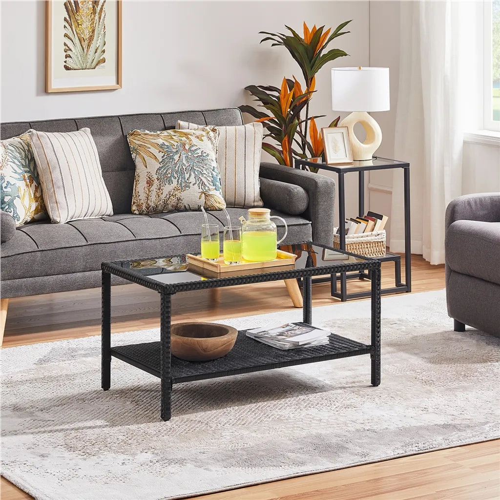 Yaheetech Rattan Salontafel - Bijzettafel - Met Glasplaat - Met Plank - Binnen/Buiten - Grijs