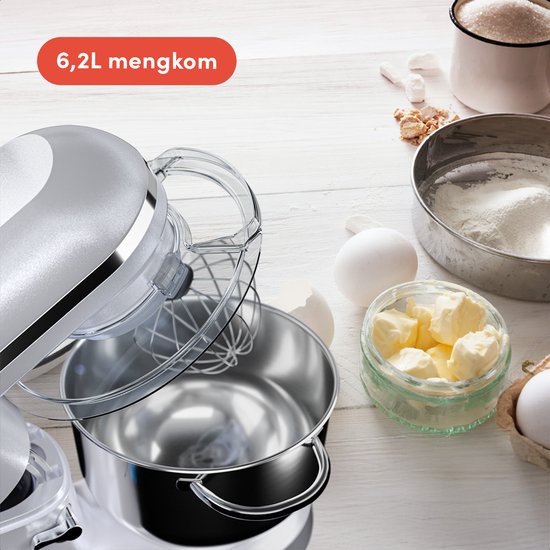 KitchenBrothers Keukenmachine - Keukenrobot - 6,2L - Mixer met Mengkom - Keukenmixer - 2000W - Parelwit