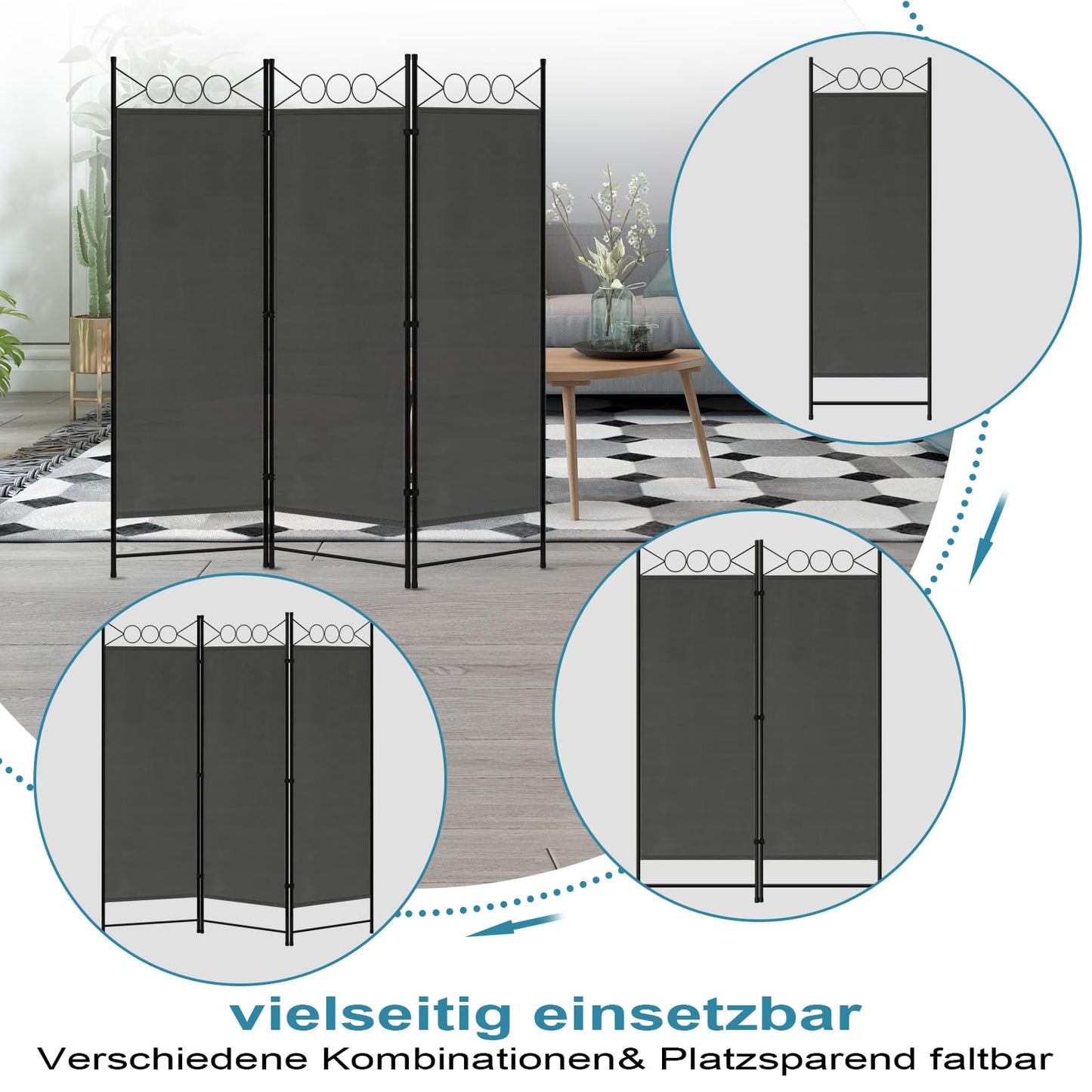 Woltu Kamerscherm - 3-Panelen - Opvouwbaar - 167x172cm - Donkergrijs