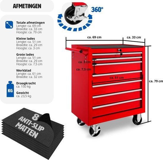 tectake® - Gereedschapswagen met 7 lades - werkplaatswagen, rijdende werkplaats, lege gereedschapswagen, gereedschapskist, 7 laden, 69 x 33 x 79 cm, wielen met rem, incl. 2 sleutels - rood