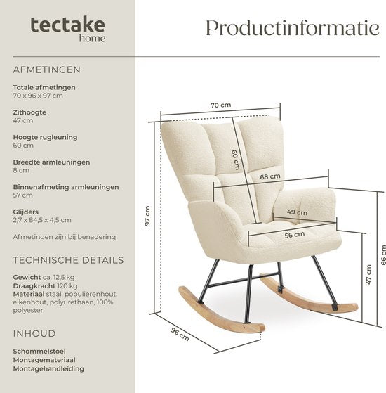 tectake® Schommelstoel Torve - Gestoffeerde Bouclé-Stof Schommelstoel in Scandi-Stijl - Relaxstoel met Houten Glijders, Zachte Bekleding en Hoge Rugleuning voor Optimaal Comfort - 70 x 96 x 97 cm - Beige