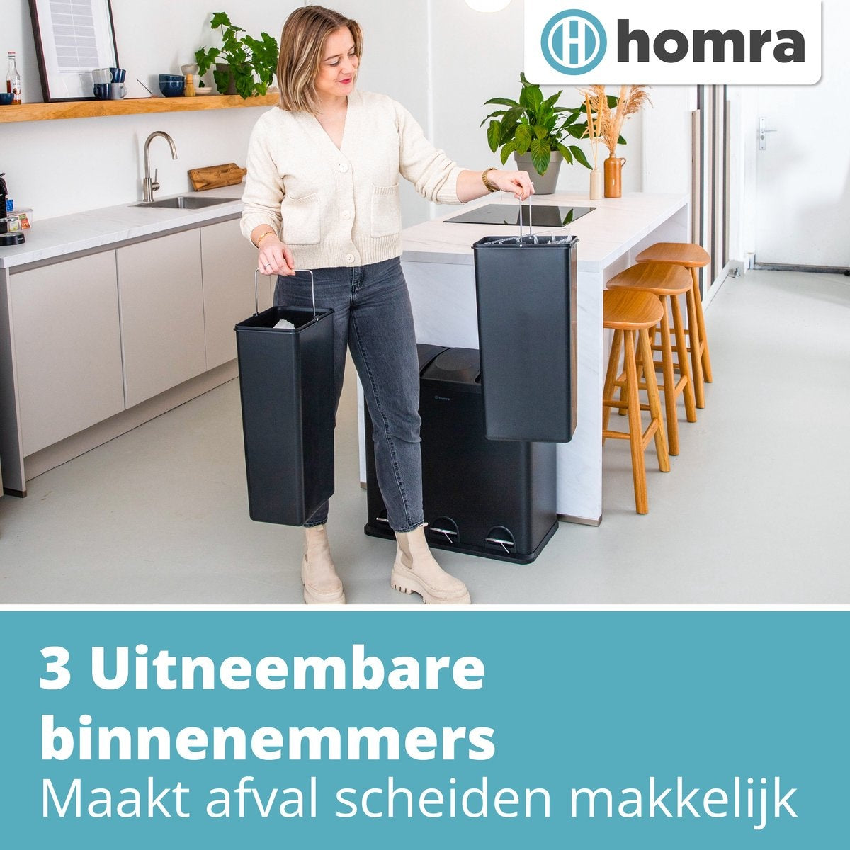 Homra Maxer Prullenbak Met 3 Vakken - 60L (3x20L) - 34 x 60.5 x 60.5 cm - Zwart