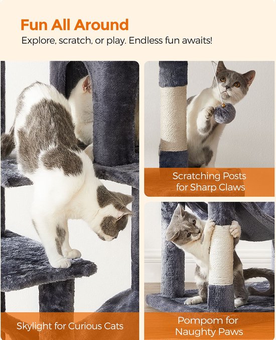 krabpaal - krabpaal met hangmat - Kattenboom 143 cm - rookgrijs