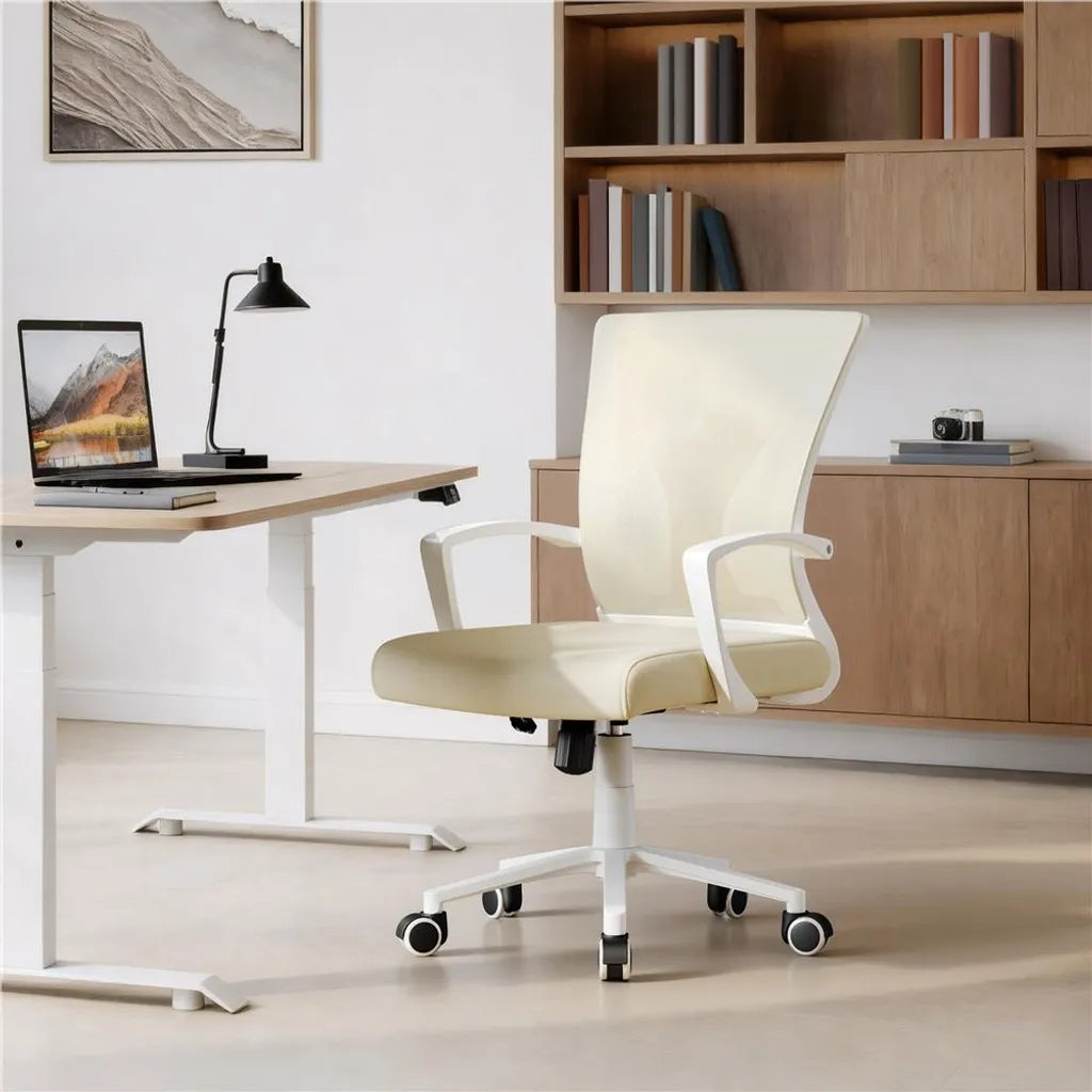 Yaheetech Ergonomische Bureaustoel 60 x 60 x 91-100,5 cm - Beige - Verstelbare Draaistoel met Mesh Rugleuning