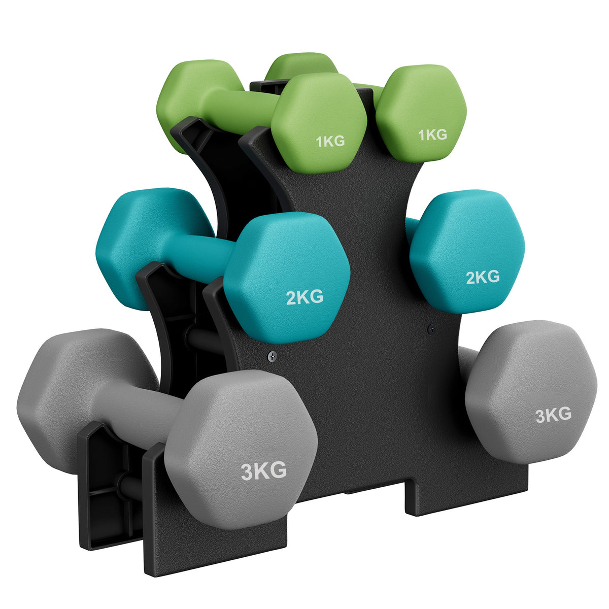 JOYFURNOS limoengroen - blauwgroen en lichtgrijs set zeskantige dumbbells - inclusief standaard