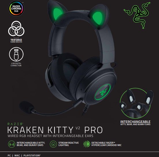Razer Kraken Kitty V2 Pro - Gaming Headset - 7.1 Surround - RGB - Zwart - PC, MAC & Playstation