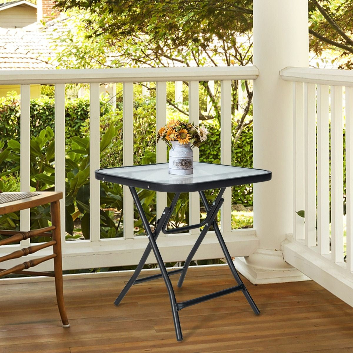 Coast Terrace bijzettafel vierkante glazen tafel met roestvrij frame opvouwbare salontafel zwart