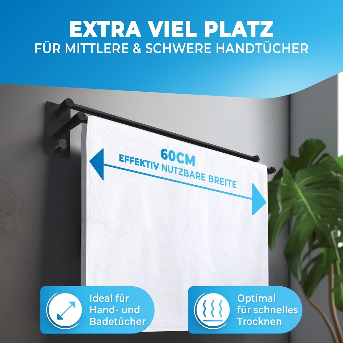 LOBUX® - Handdoekstang zonder boren zwart - 60cm, roestvrij staal - Handdoekstang badkamer dubbel, zelfklevend - Handdoekstang, handdoekstang met 2 handdoekhaken - Badkamer, douchewand, keuken