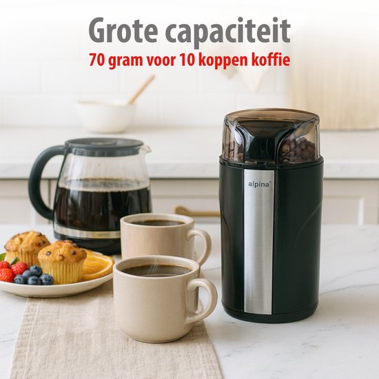alpina Elektrische Koffiemolen 200W - Coffee Grinder voor 70g Koffiebonen - Bonenmaler met RVS Messen - Maler met Veiligheidsslot - Zwart