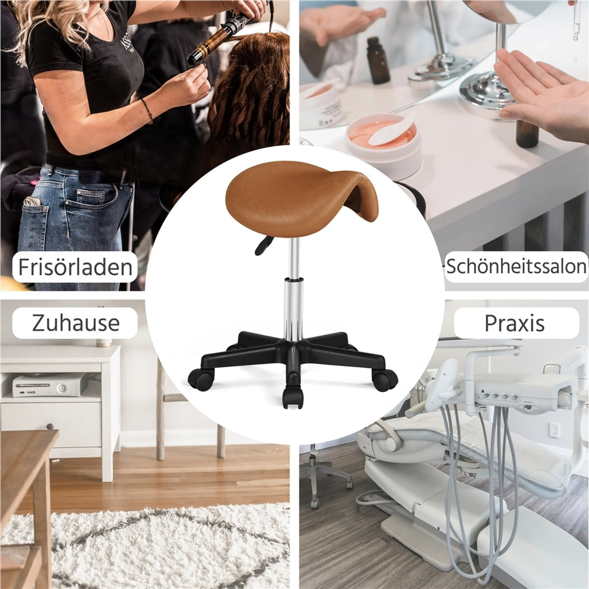 Yaheetech Zadelkruk Ergonomisch – Voorzien Van In Hoogte Verstelbare SGS-Gaslift En 360° Draaibare Nylon Wielen En Verchroomd Onderstel – Voor Kapsalon En Praktijk – Retro Bruin PU Kunstleer En Metaal – 50 x 50 x 45,5-60 cm
