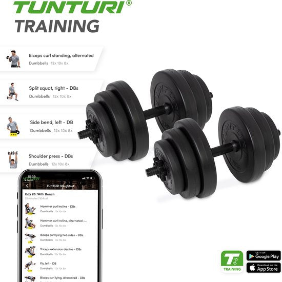 Tunturi Gewichten - Halterset - Dumbbell Set - 2 Stuks - Totaal 28kg - Zwart - Vinyl - incl. gratis fitness app