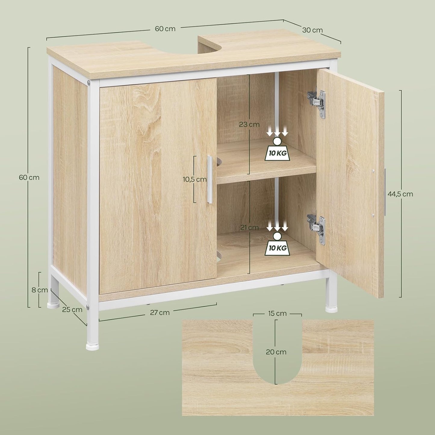 EUGAD wastafel onderkast - 60 x 60 x 30 cm - wit en licht eiken - met verstelbare tussenschot