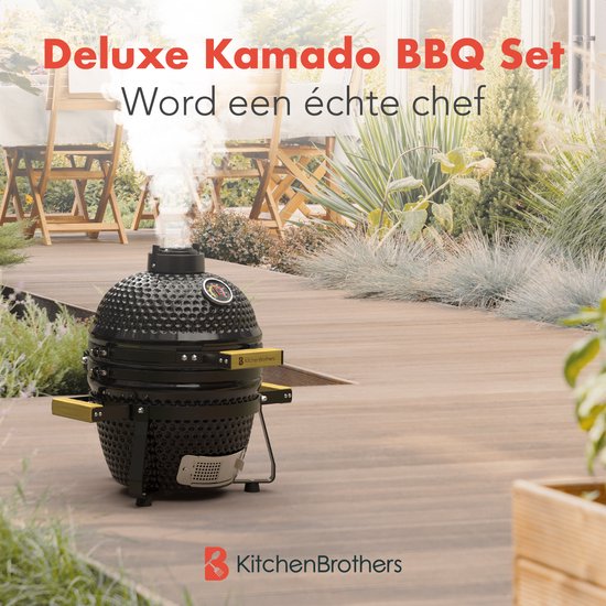 KitchenBrothers Kamado BBQ– Incl. Accessoires & Pizzasteen – 50 x 38,5 x 47 cm – Zwart