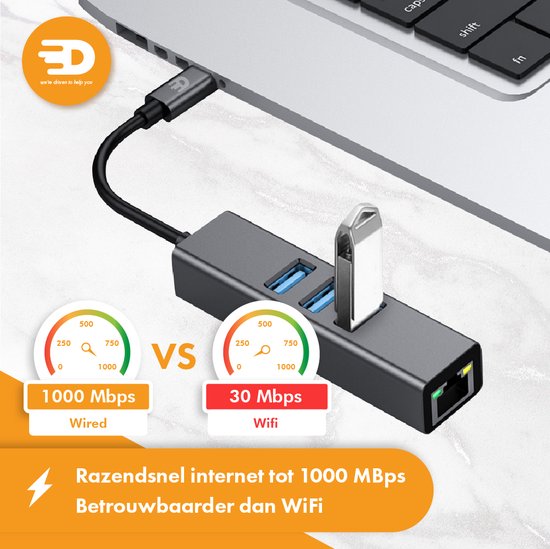 Drivv. USB C naar Ethernet Adapter met 3 USB 3.0 poorten - 100/1000 MBps - Internet Adapter - Netwerkadapter